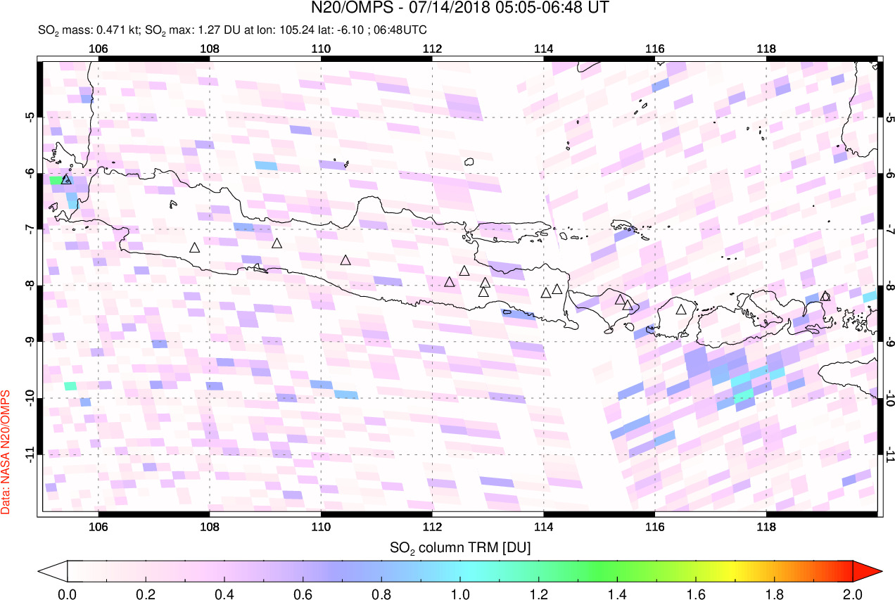 A sulfur dioxide image over Java, Indonesia on Jul 14, 2018.