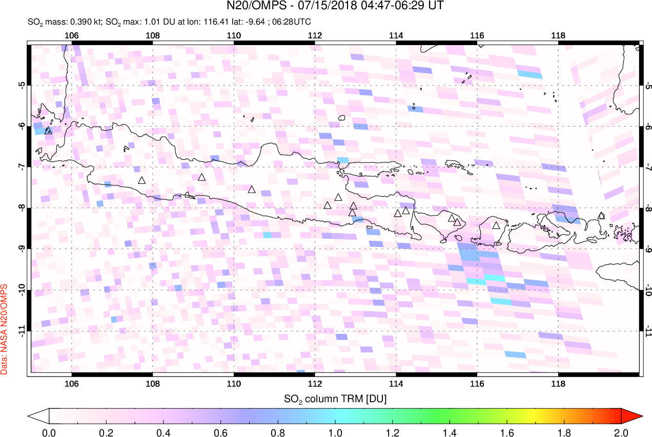 A sulfur dioxide image over Java, Indonesia on Jul 15, 2018.