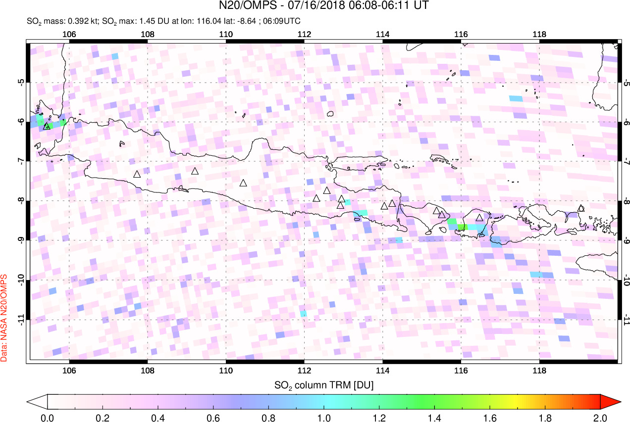 A sulfur dioxide image over Java, Indonesia on Jul 16, 2018.