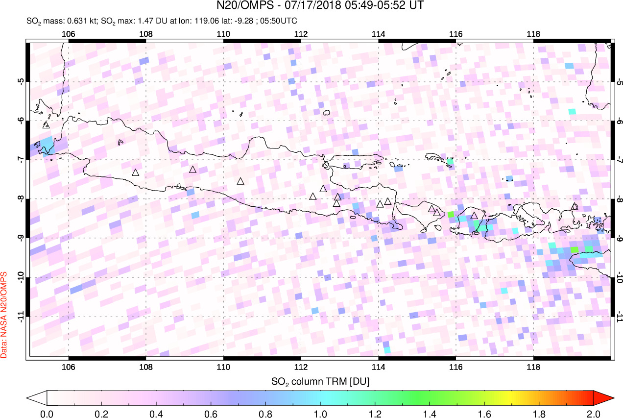 A sulfur dioxide image over Java, Indonesia on Jul 17, 2018.