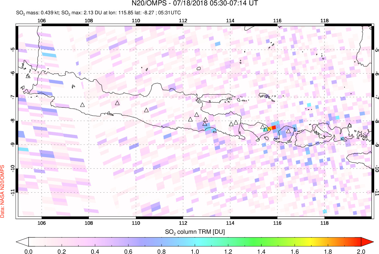 A sulfur dioxide image over Java, Indonesia on Jul 18, 2018.