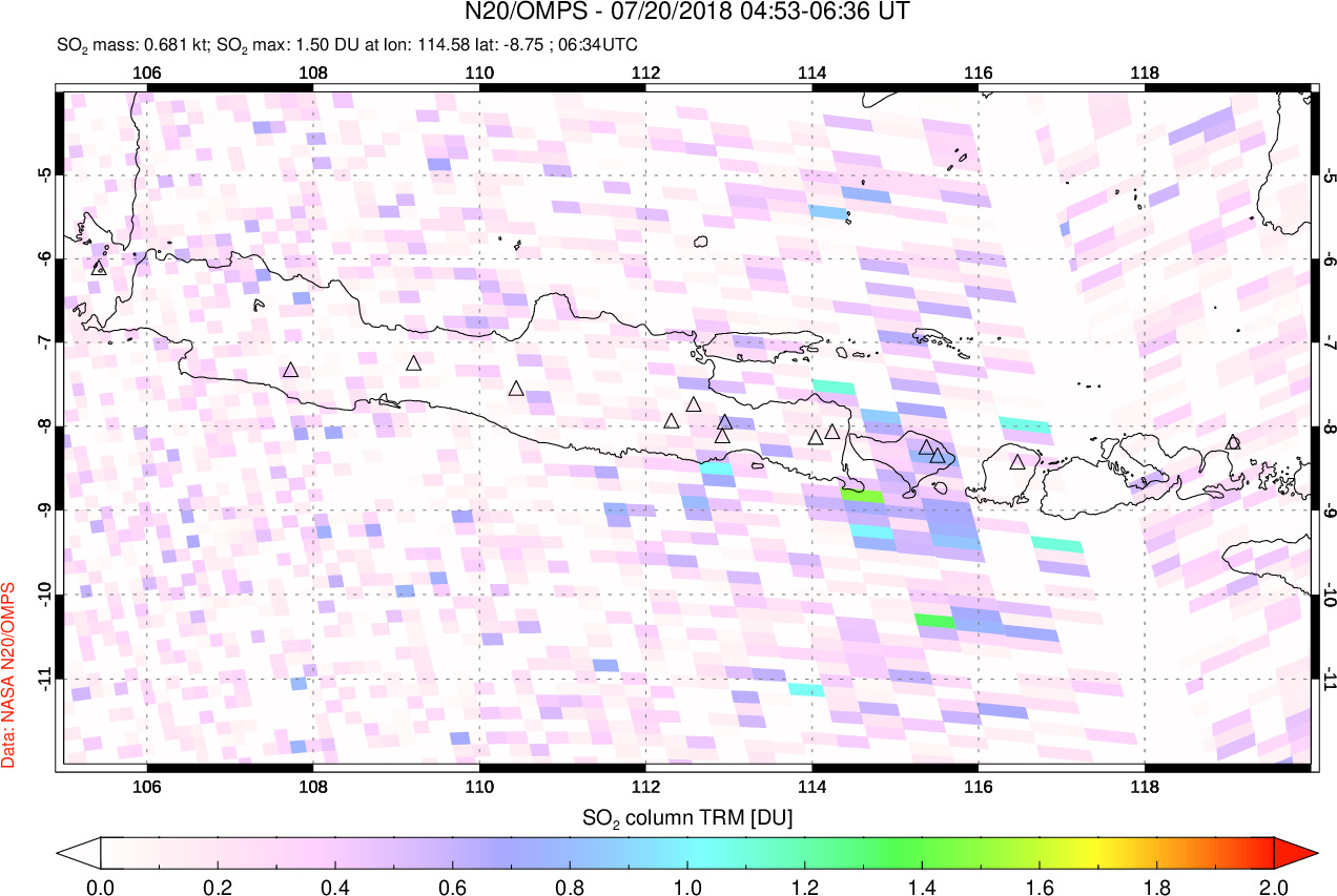 A sulfur dioxide image over Java, Indonesia on Jul 20, 2018.