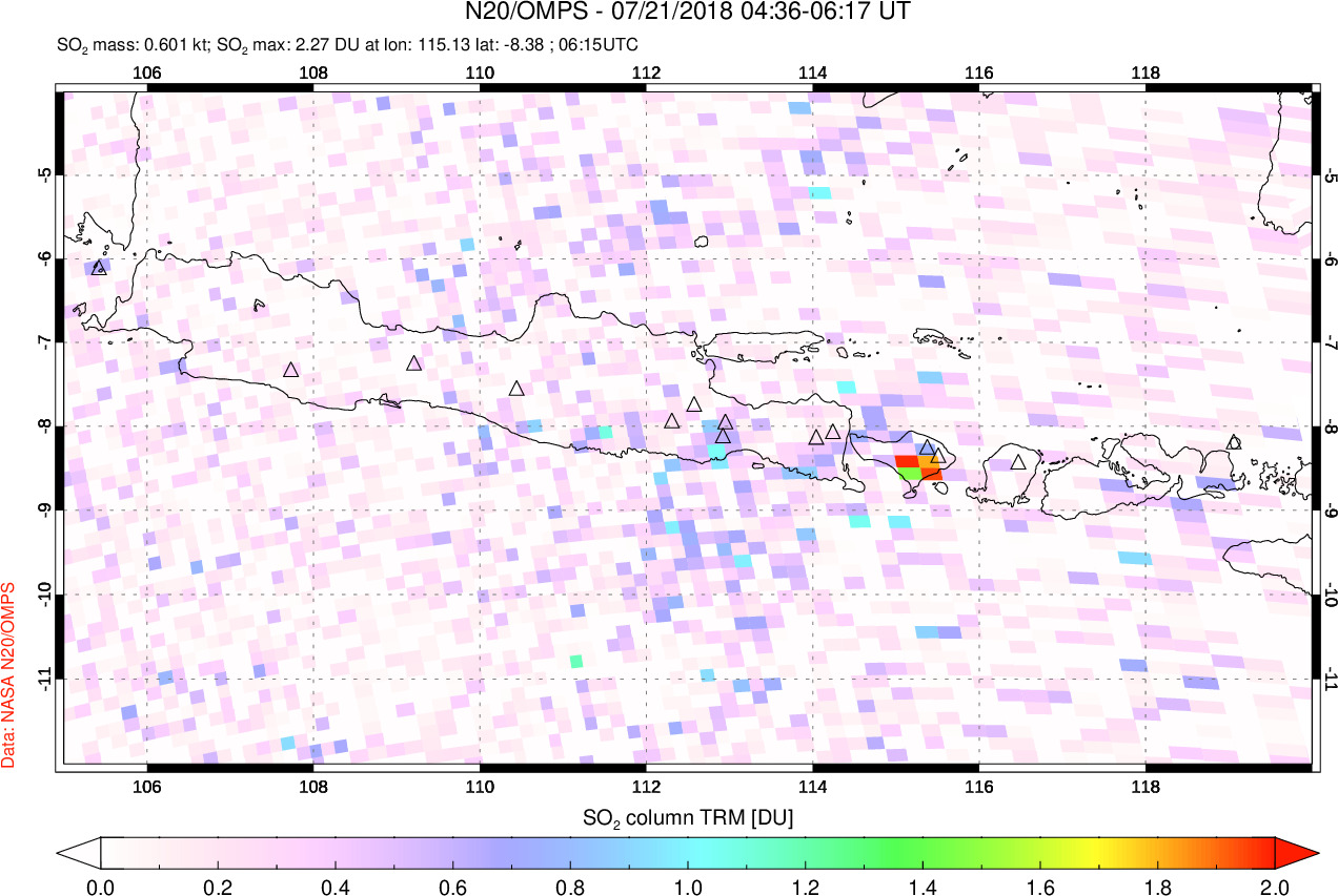A sulfur dioxide image over Java, Indonesia on Jul 21, 2018.