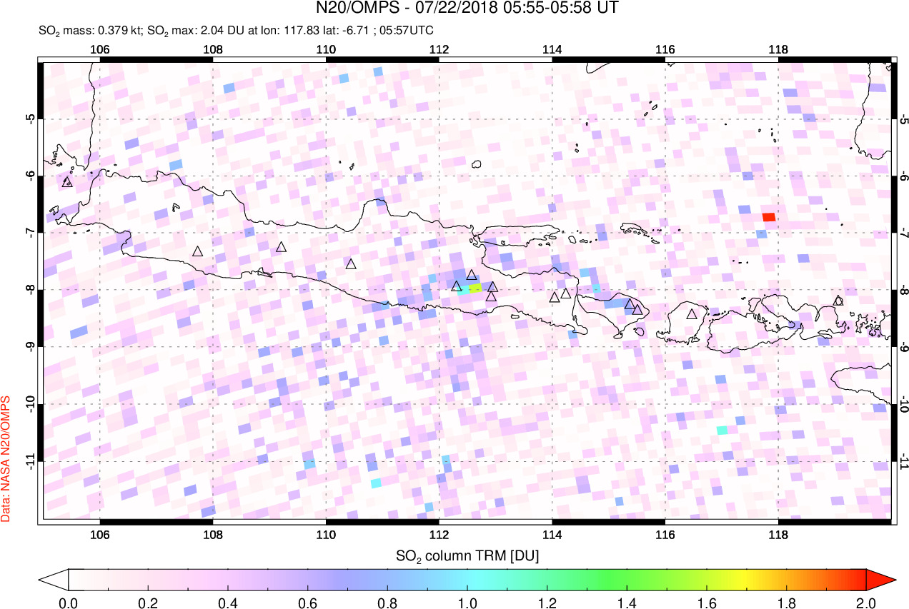 A sulfur dioxide image over Java, Indonesia on Jul 22, 2018.