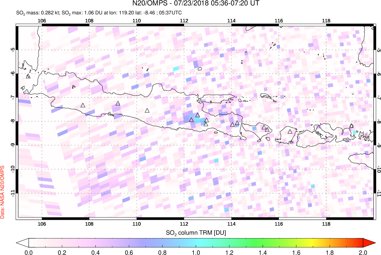 A sulfur dioxide image over Java, Indonesia on Jul 23, 2018.