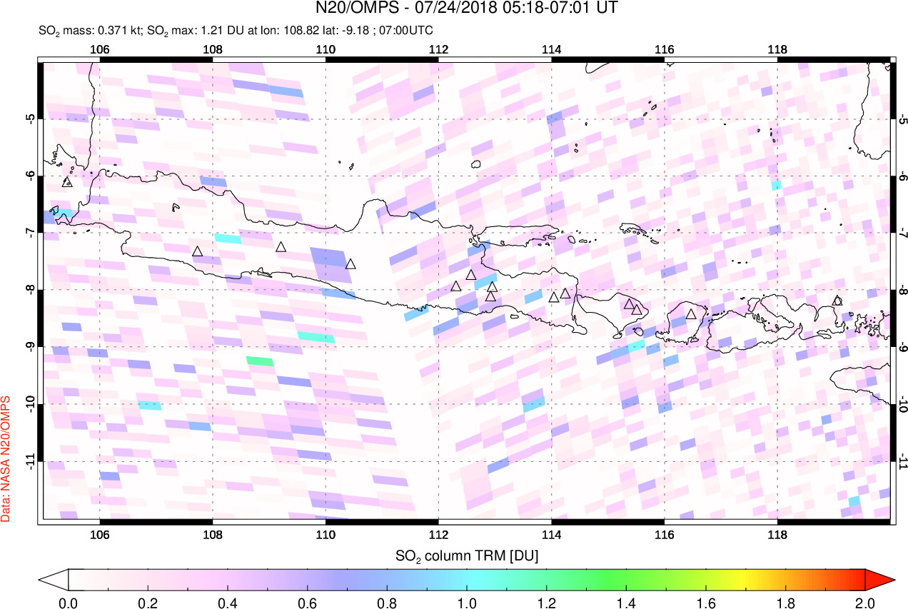 A sulfur dioxide image over Java, Indonesia on Jul 24, 2018.