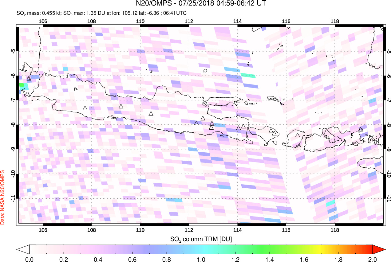 A sulfur dioxide image over Java, Indonesia on Jul 25, 2018.