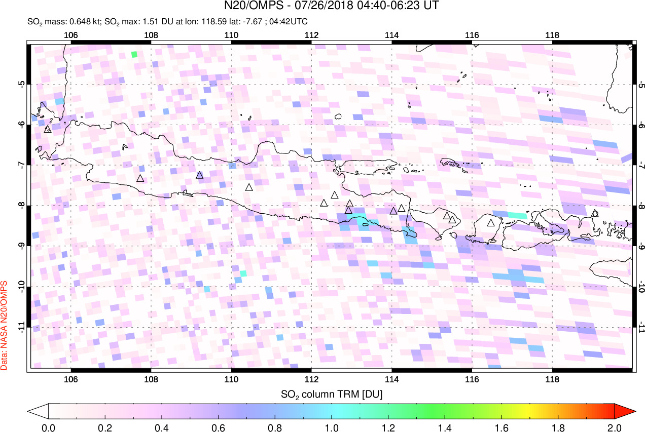 A sulfur dioxide image over Java, Indonesia on Jul 26, 2018.
