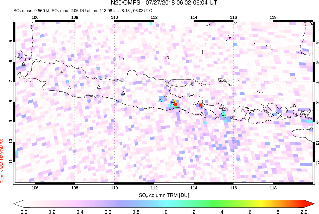 A sulfur dioxide image over Java, Indonesia on Jul 27, 2018.