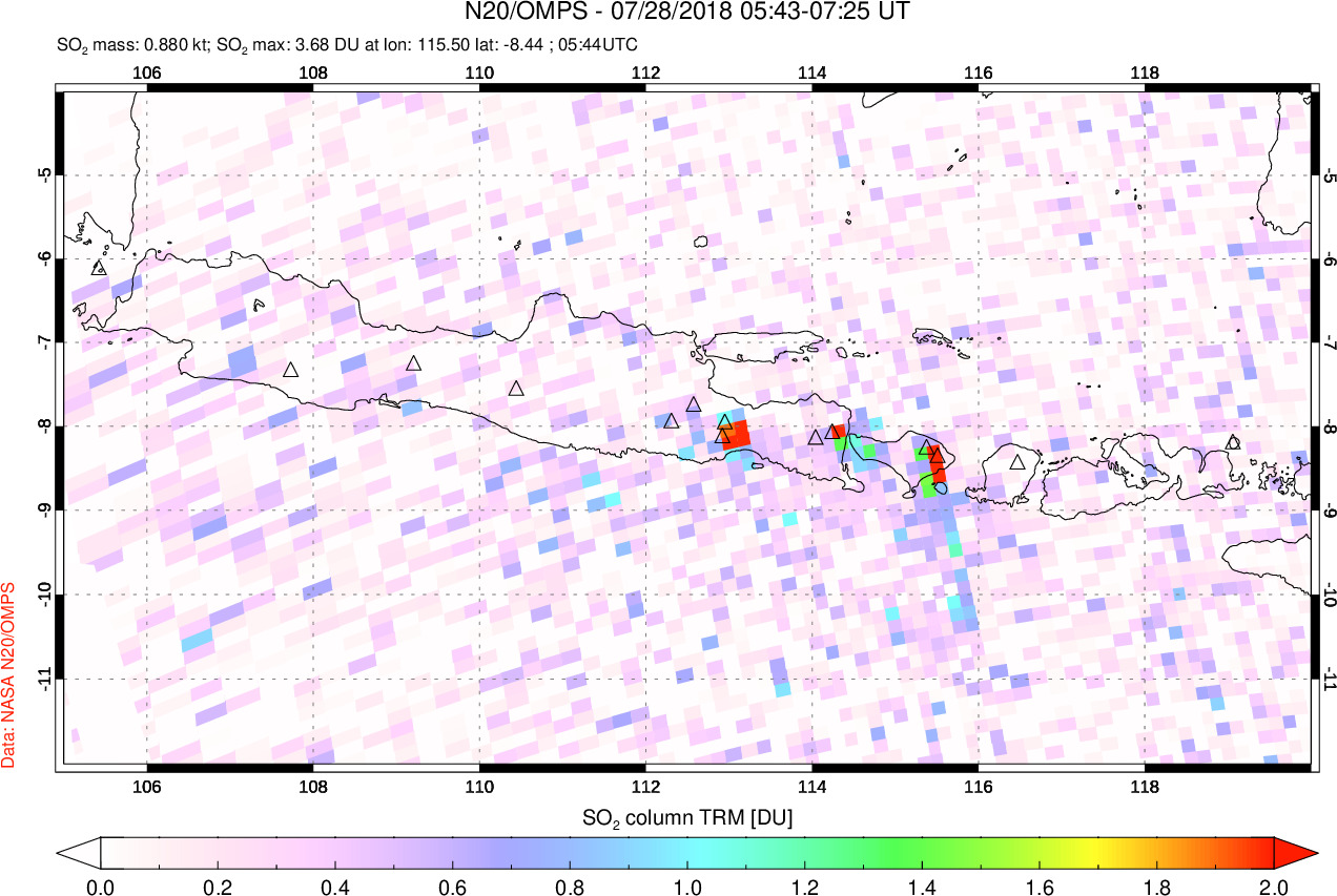 A sulfur dioxide image over Java, Indonesia on Jul 28, 2018.
