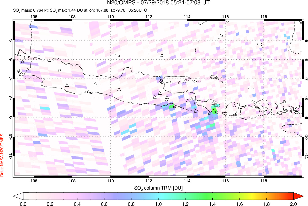 A sulfur dioxide image over Java, Indonesia on Jul 29, 2018.