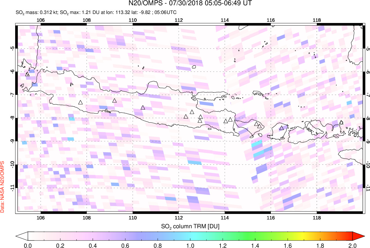 A sulfur dioxide image over Java, Indonesia on Jul 30, 2018.