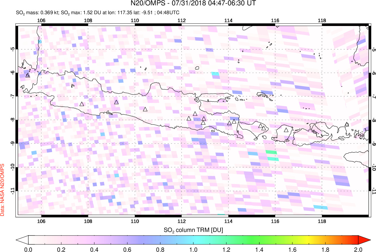 A sulfur dioxide image over Java, Indonesia on Jul 31, 2018.