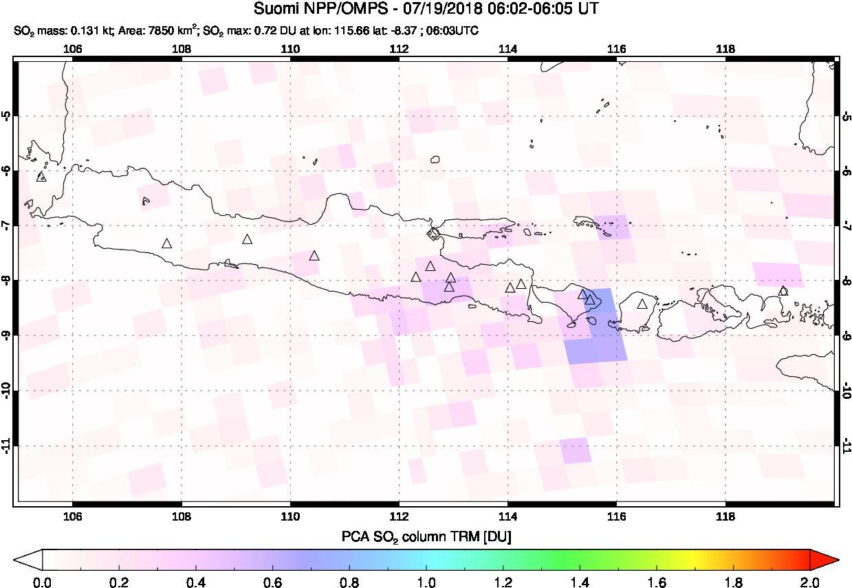 A sulfur dioxide image over Java, Indonesia on Jul 19, 2018.