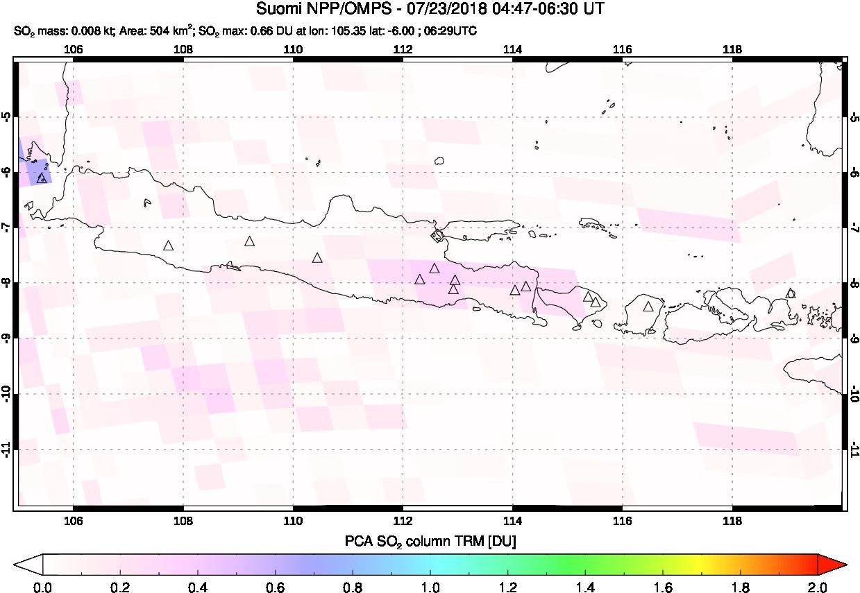 A sulfur dioxide image over Java, Indonesia on Jul 23, 2018.