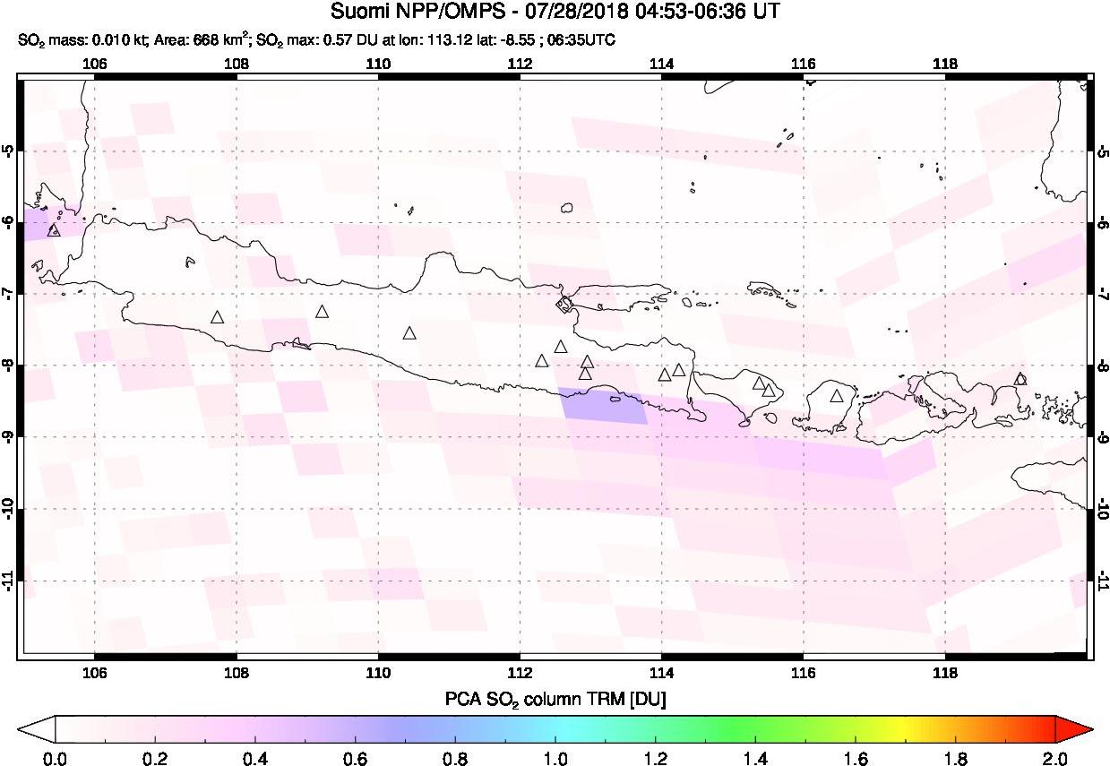 A sulfur dioxide image over Java, Indonesia on Jul 28, 2018.