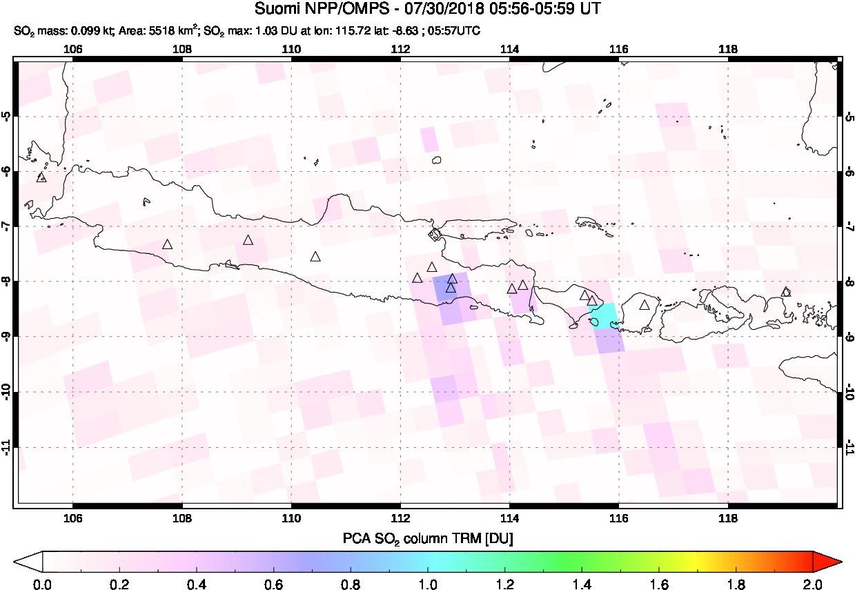 A sulfur dioxide image over Java, Indonesia on Jul 30, 2018.