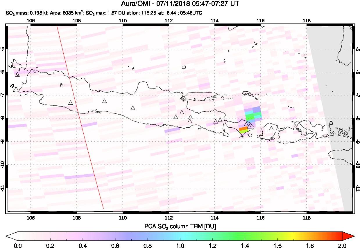 A sulfur dioxide image over Java, Indonesia on Jul 11, 2018.