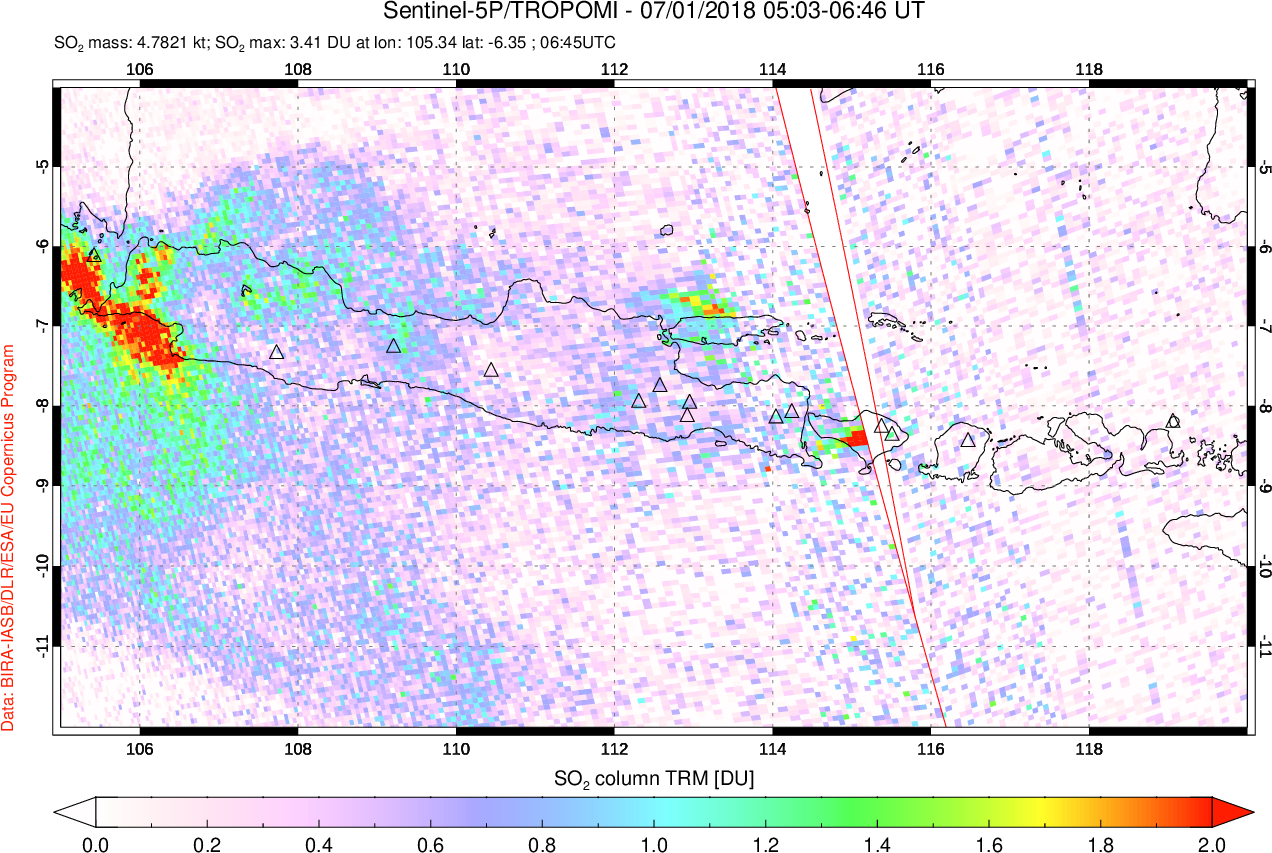 A sulfur dioxide image over Java, Indonesia on Jul 01, 2018.