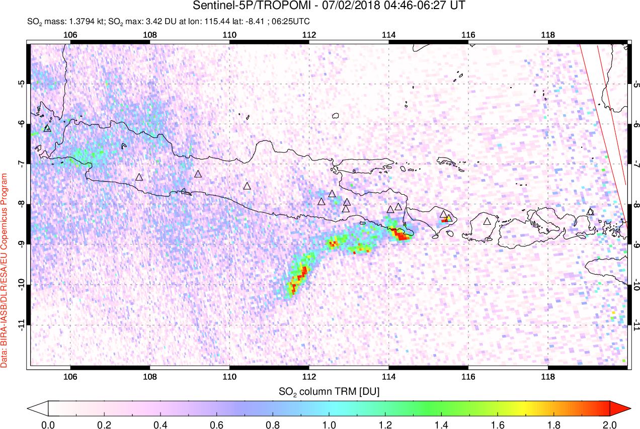 A sulfur dioxide image over Java, Indonesia on Jul 02, 2018.