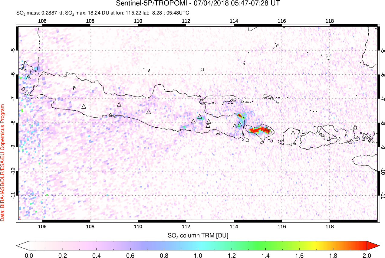 A sulfur dioxide image over Java, Indonesia on Jul 04, 2018.