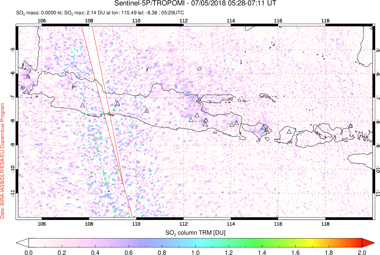 A sulfur dioxide image over Java, Indonesia on Jul 05, 2018.
