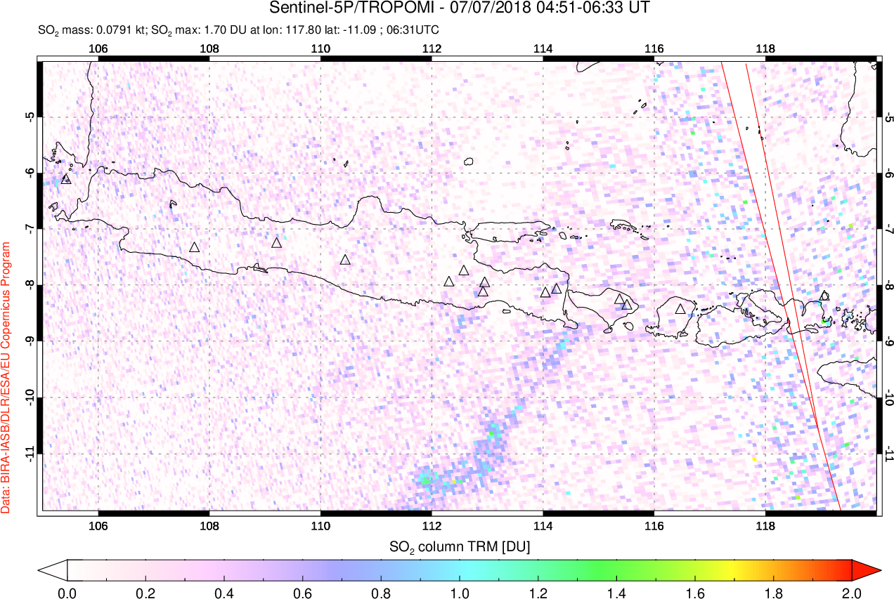A sulfur dioxide image over Java, Indonesia on Jul 07, 2018.