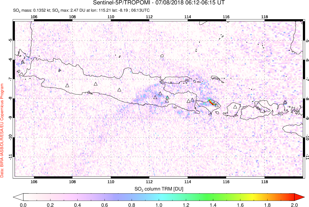 A sulfur dioxide image over Java, Indonesia on Jul 08, 2018.