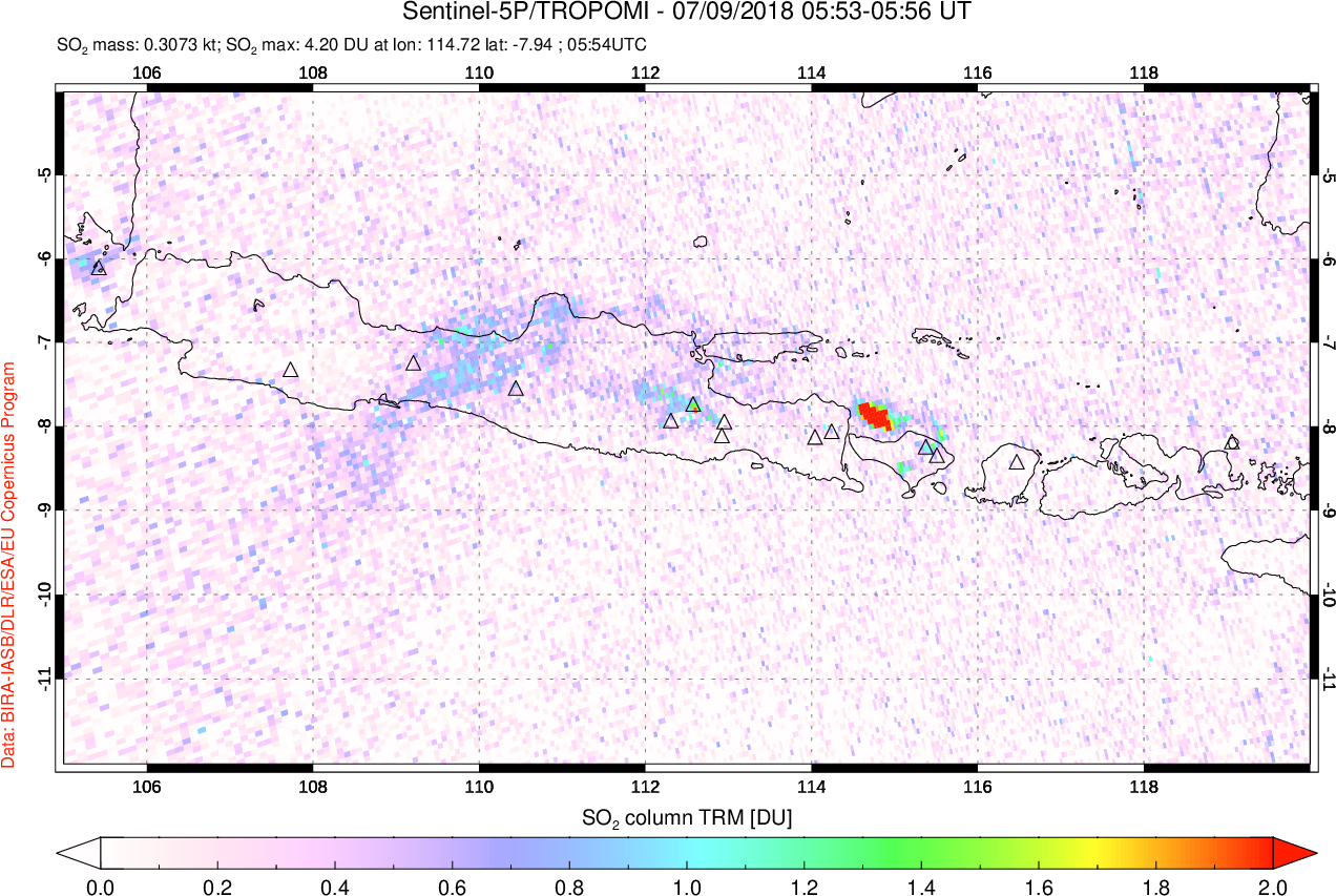 A sulfur dioxide image over Java, Indonesia on Jul 09, 2018.