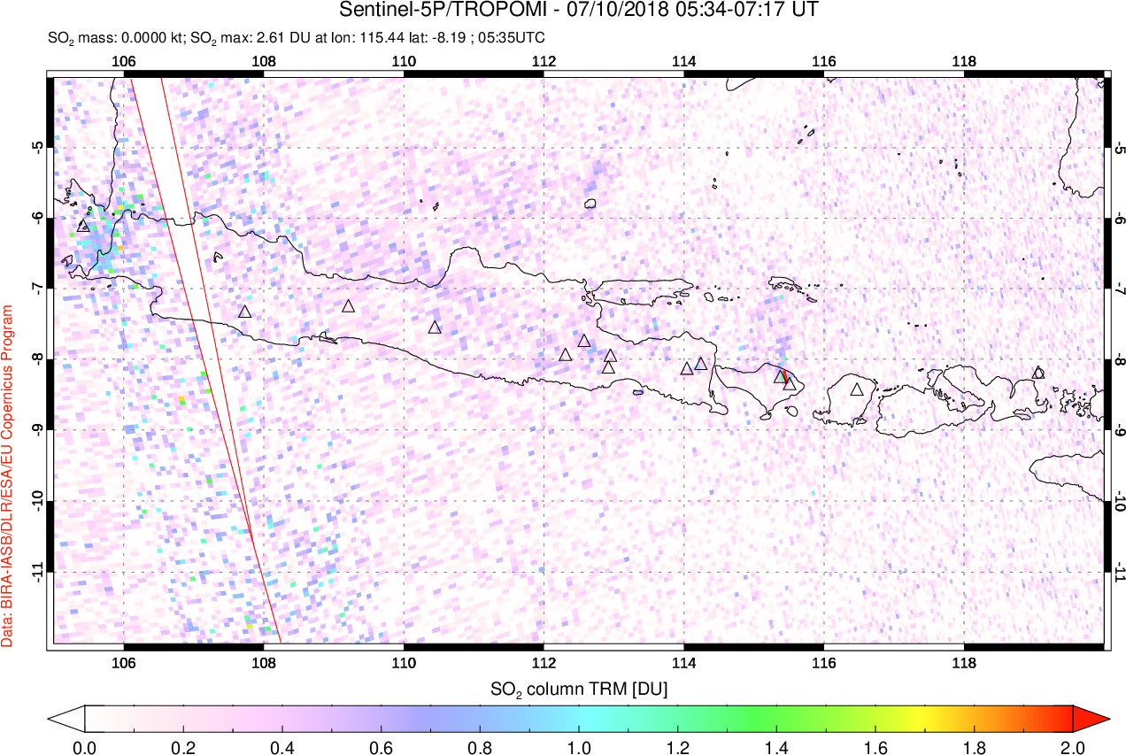 A sulfur dioxide image over Java, Indonesia on Jul 10, 2018.