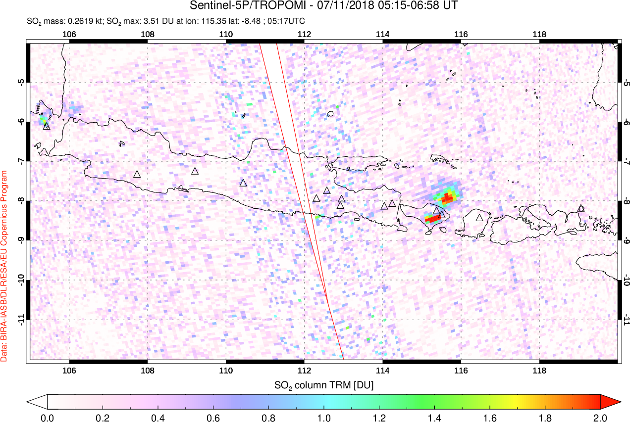 A sulfur dioxide image over Java, Indonesia on Jul 11, 2018.