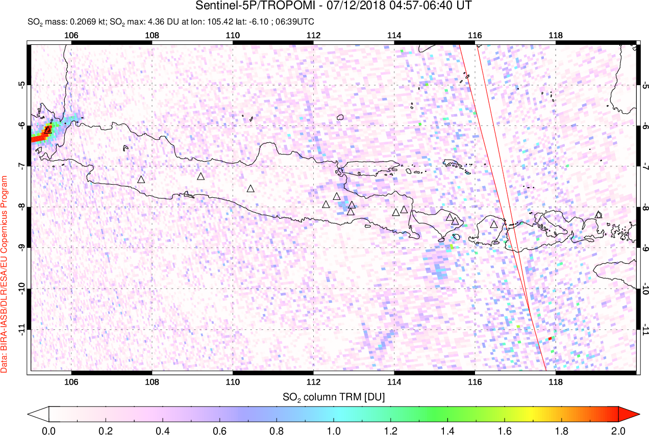 A sulfur dioxide image over Java, Indonesia on Jul 12, 2018.