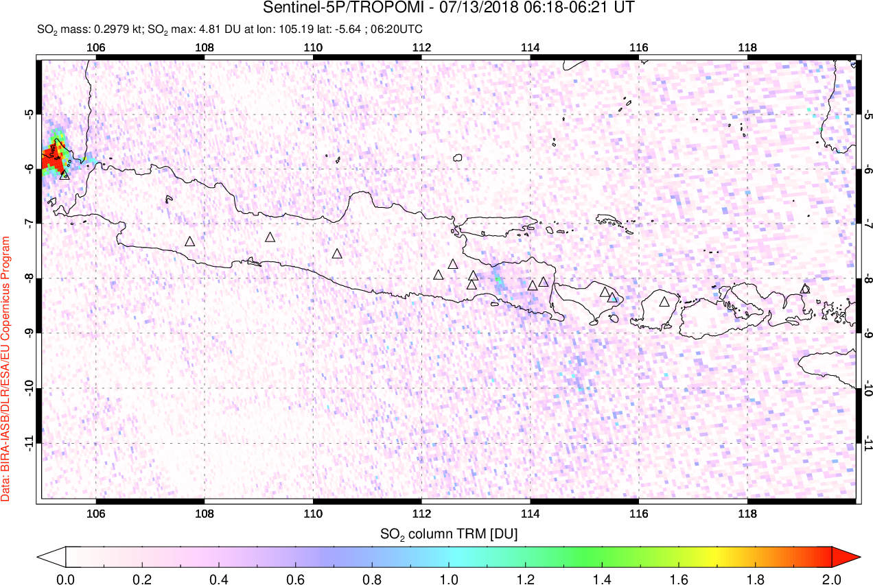 A sulfur dioxide image over Java, Indonesia on Jul 13, 2018.