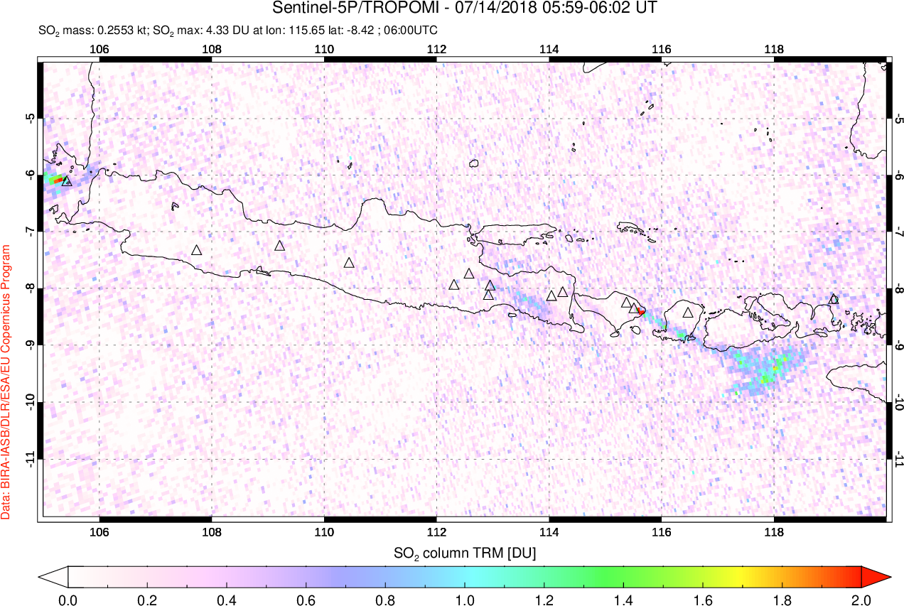 A sulfur dioxide image over Java, Indonesia on Jul 14, 2018.