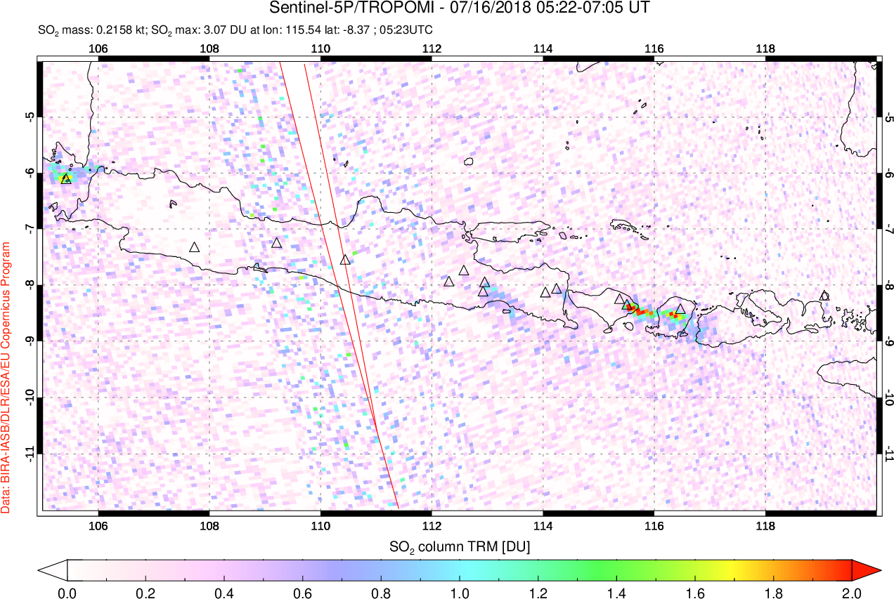 A sulfur dioxide image over Java, Indonesia on Jul 16, 2018.