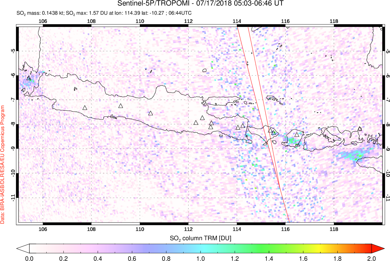 A sulfur dioxide image over Java, Indonesia on Jul 17, 2018.