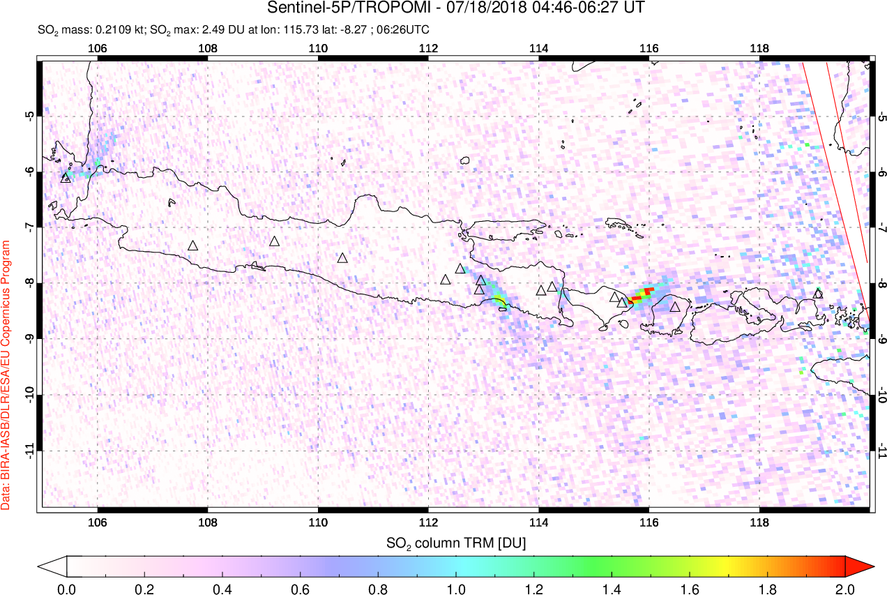 A sulfur dioxide image over Java, Indonesia on Jul 18, 2018.