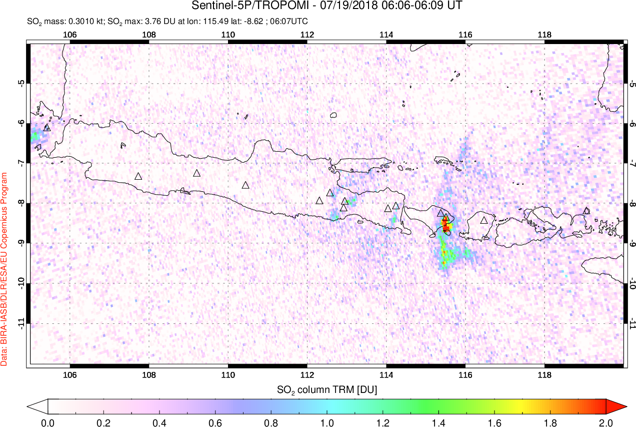 A sulfur dioxide image over Java, Indonesia on Jul 19, 2018.