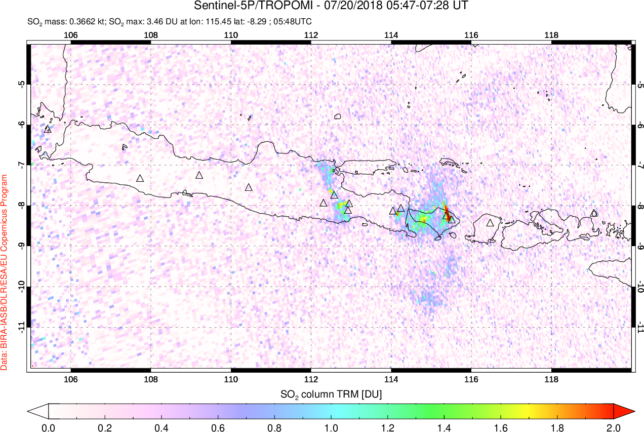 A sulfur dioxide image over Java, Indonesia on Jul 20, 2018.