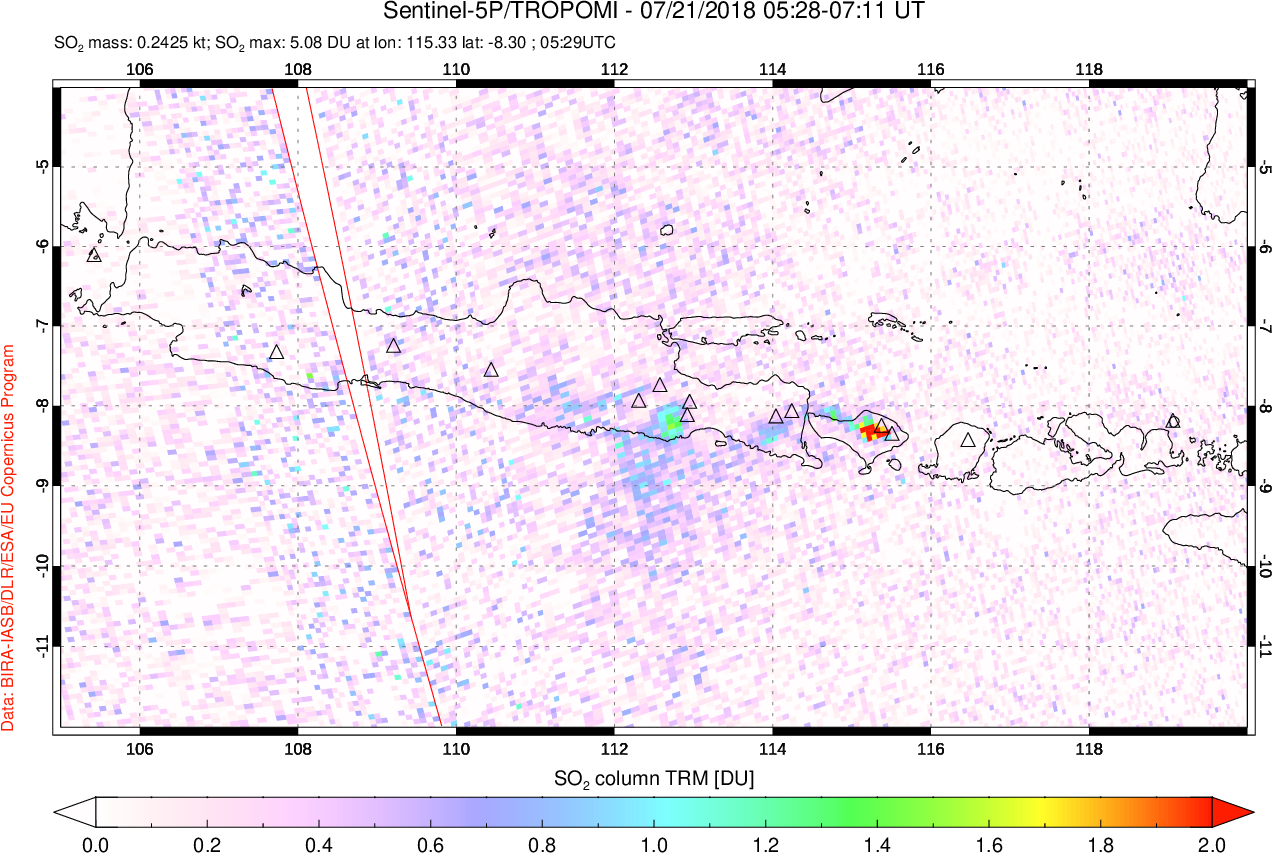 A sulfur dioxide image over Java, Indonesia on Jul 21, 2018.