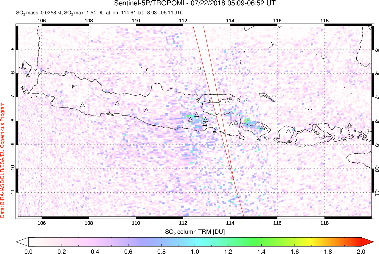 A sulfur dioxide image over Java, Indonesia on Jul 22, 2018.