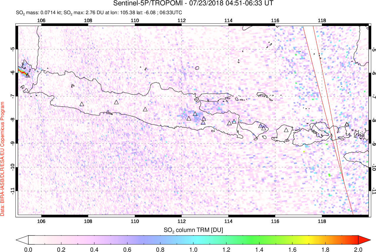 A sulfur dioxide image over Java, Indonesia on Jul 23, 2018.