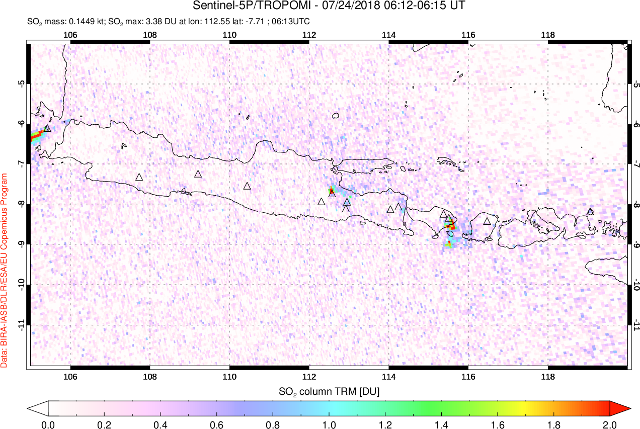 A sulfur dioxide image over Java, Indonesia on Jul 24, 2018.