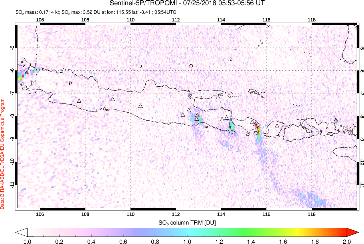 A sulfur dioxide image over Java, Indonesia on Jul 25, 2018.