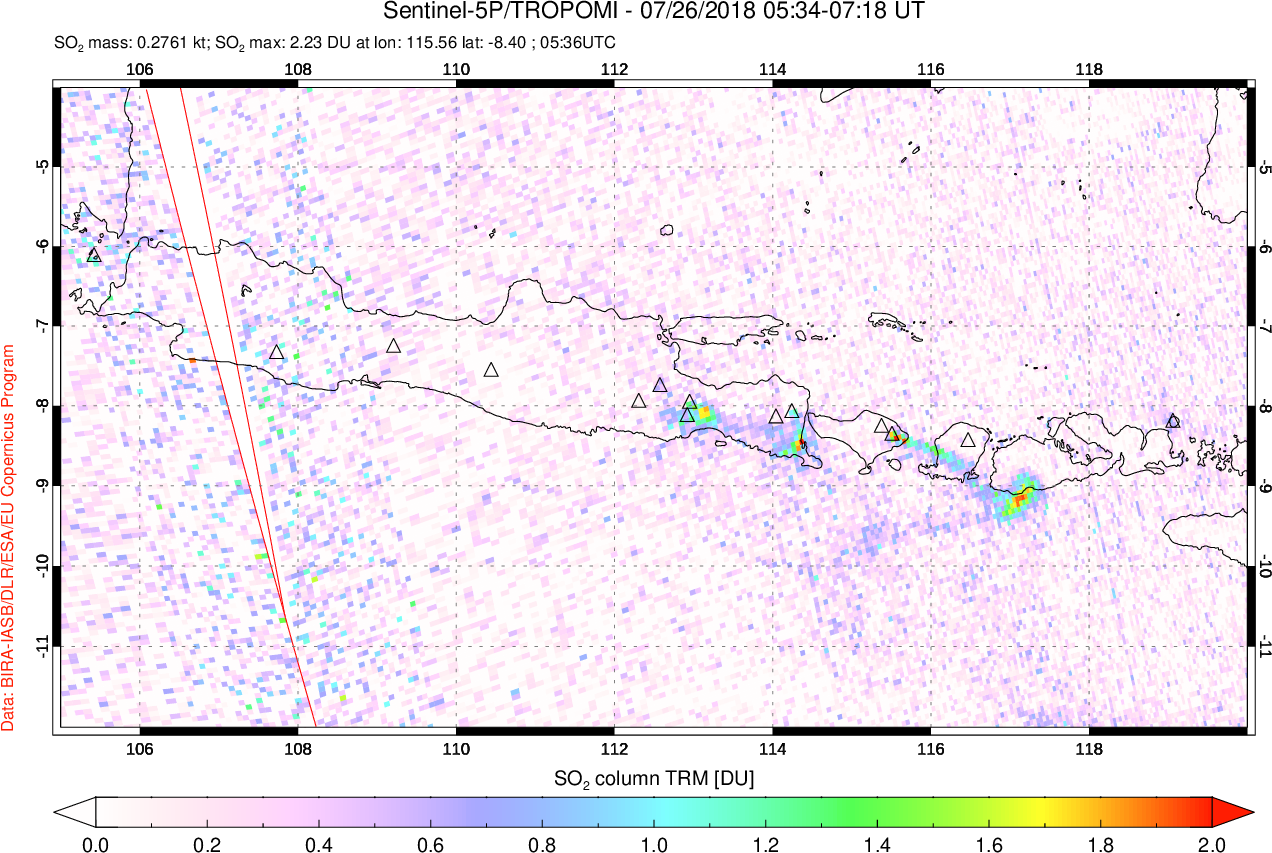 A sulfur dioxide image over Java, Indonesia on Jul 26, 2018.