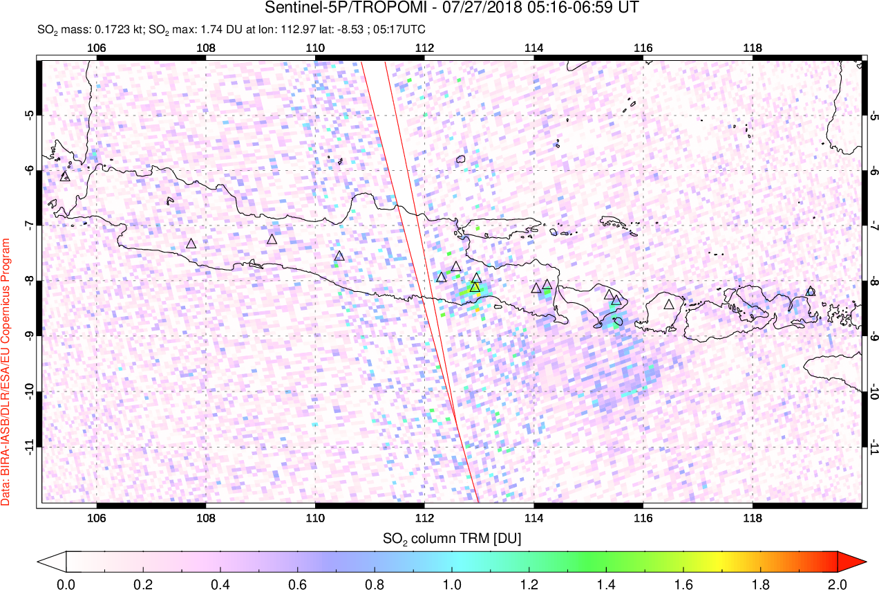 A sulfur dioxide image over Java, Indonesia on Jul 27, 2018.