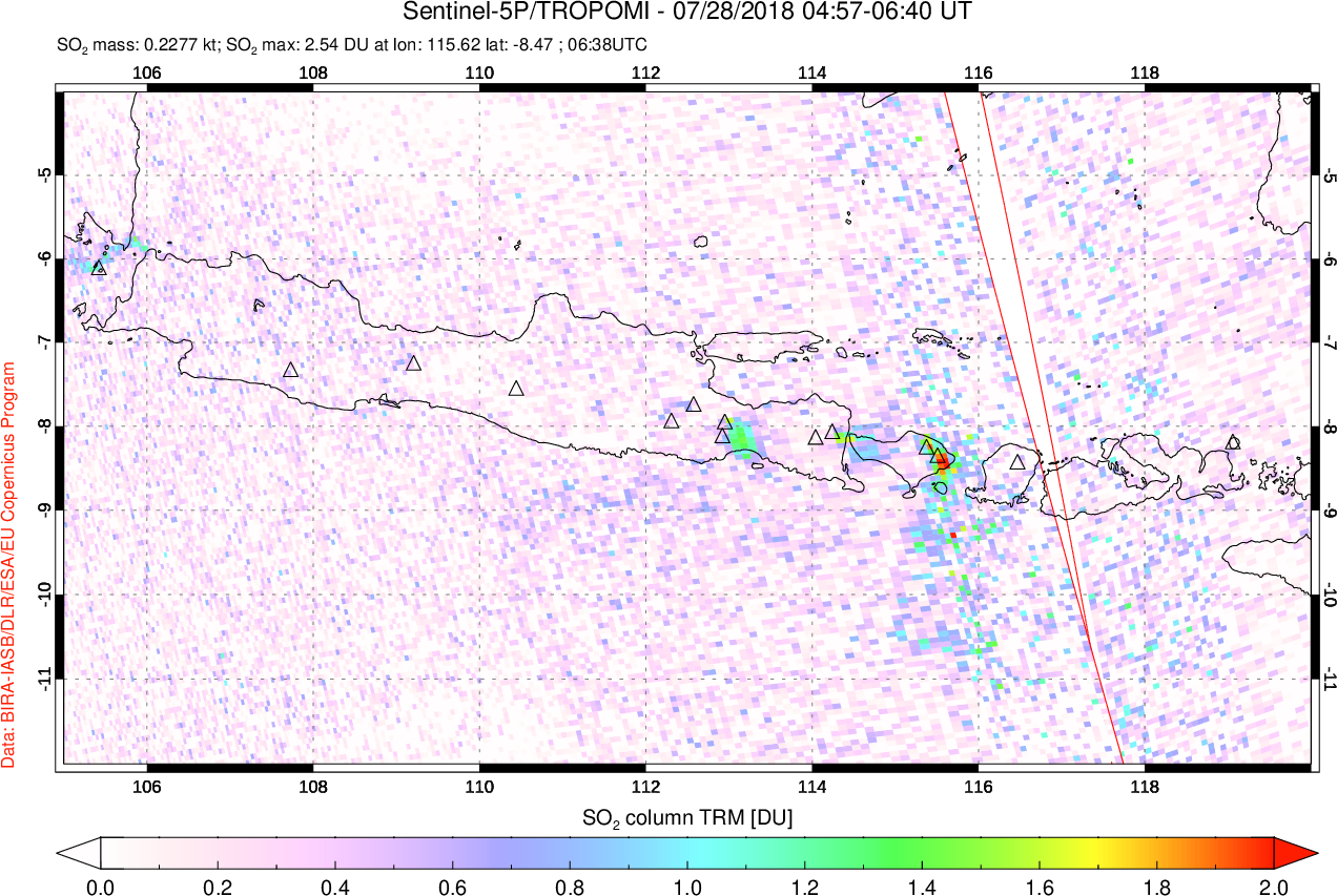 A sulfur dioxide image over Java, Indonesia on Jul 28, 2018.