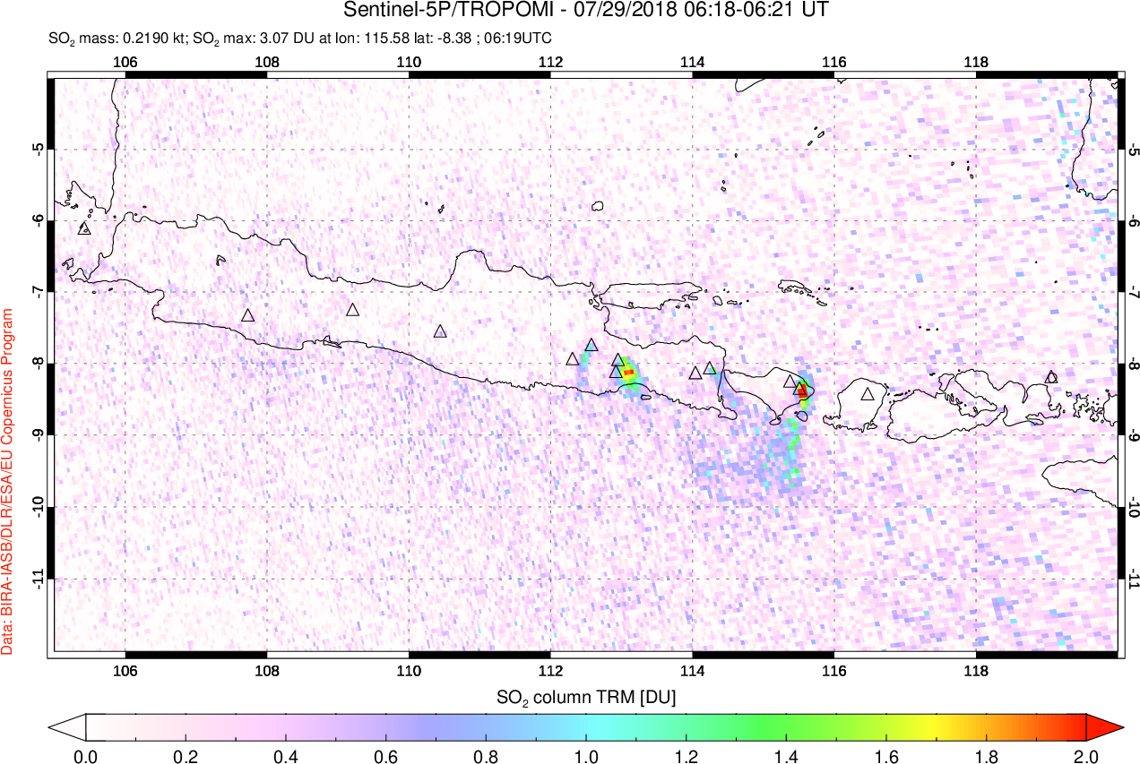 A sulfur dioxide image over Java, Indonesia on Jul 29, 2018.