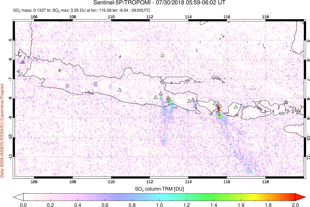 A sulfur dioxide image over Java, Indonesia on Jul 30, 2018.