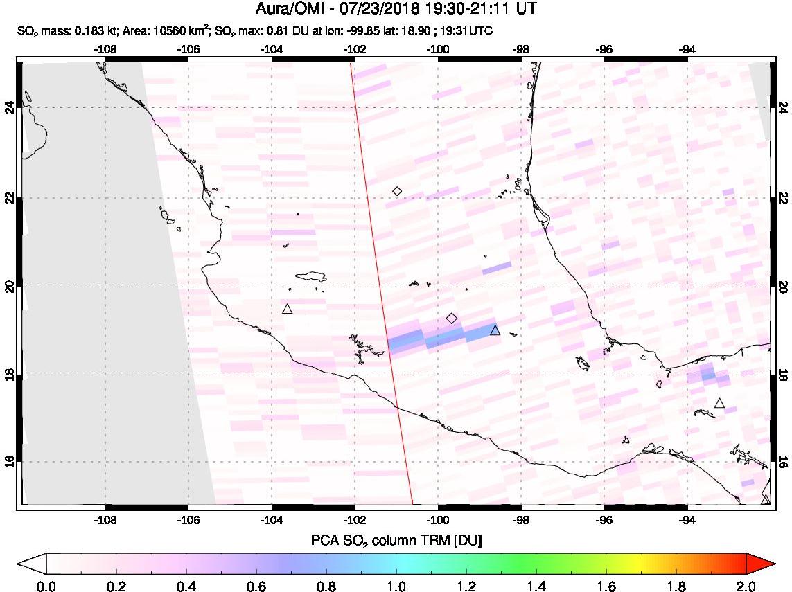 A sulfur dioxide image over Mexico on Jul 23, 2018.